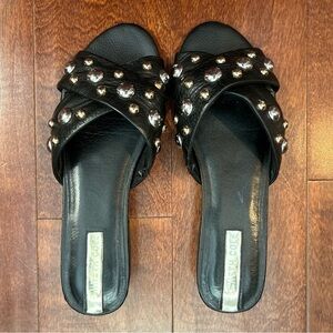 Kenneth Cole Verna Stud Slides in Black Leather, Mixed Metal, Size 7